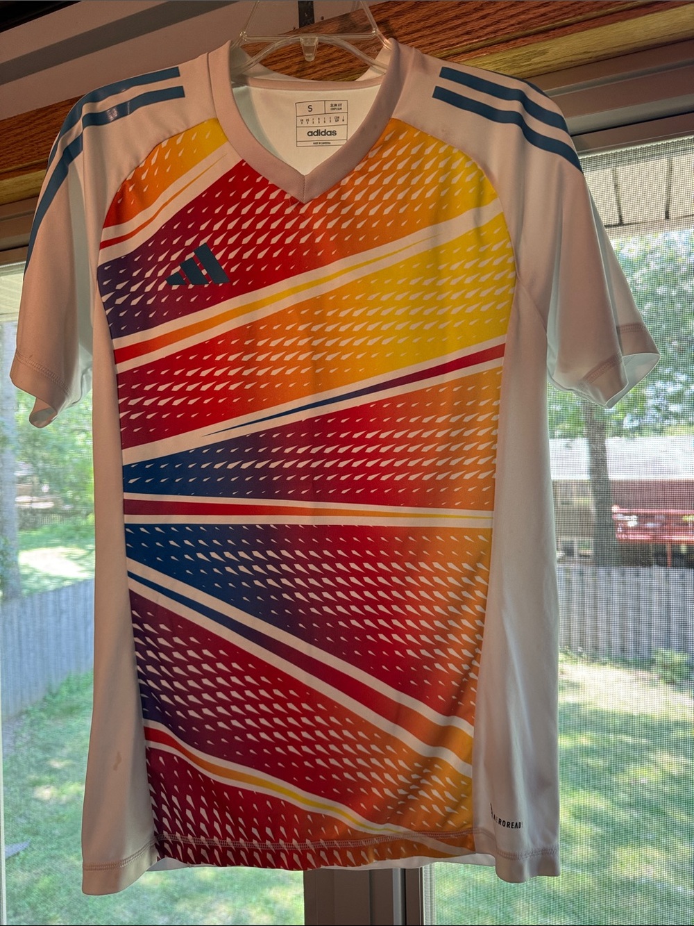 adidas Men’s White Jersey with Multicolor Gradient Stripe Front